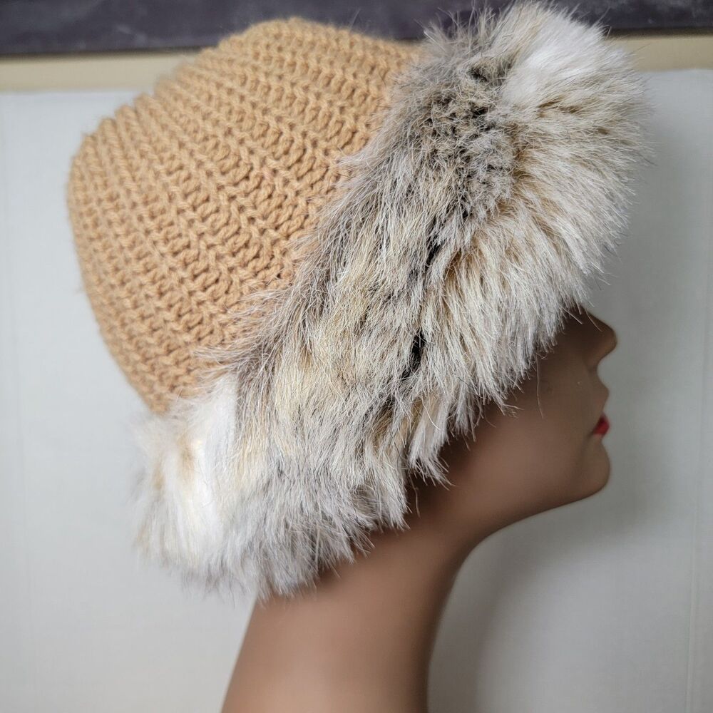 Brown Knit Winter Hat w/ Faux Fur Brim